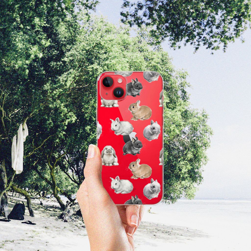 TPU Hoesje voor iPhone 14 Plus Konijntjes met schattige konijnen op een rode achtergrond. đ°