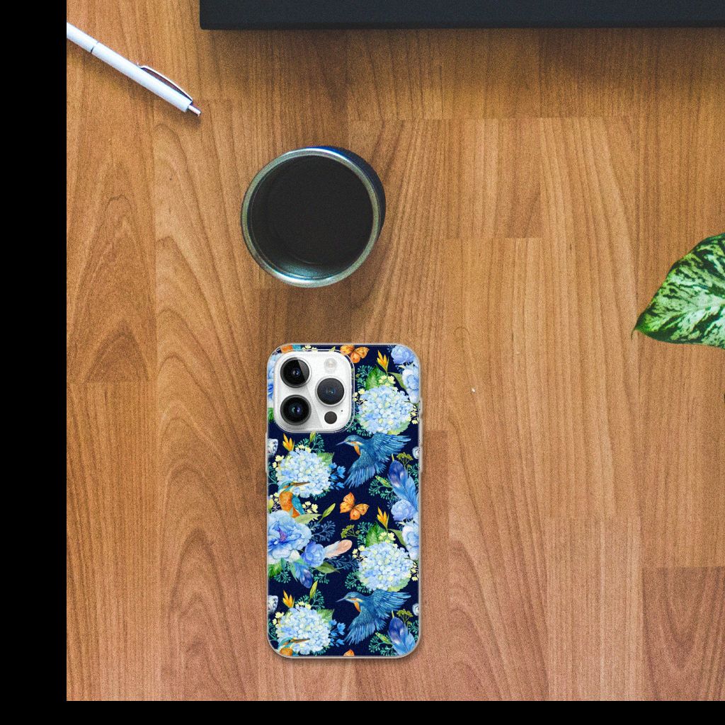 TPU Hoesje voor iPhone 14 Pro Max IJsvogel met kleurrijk bloemenontwerp en een ijsvogel bovenop.