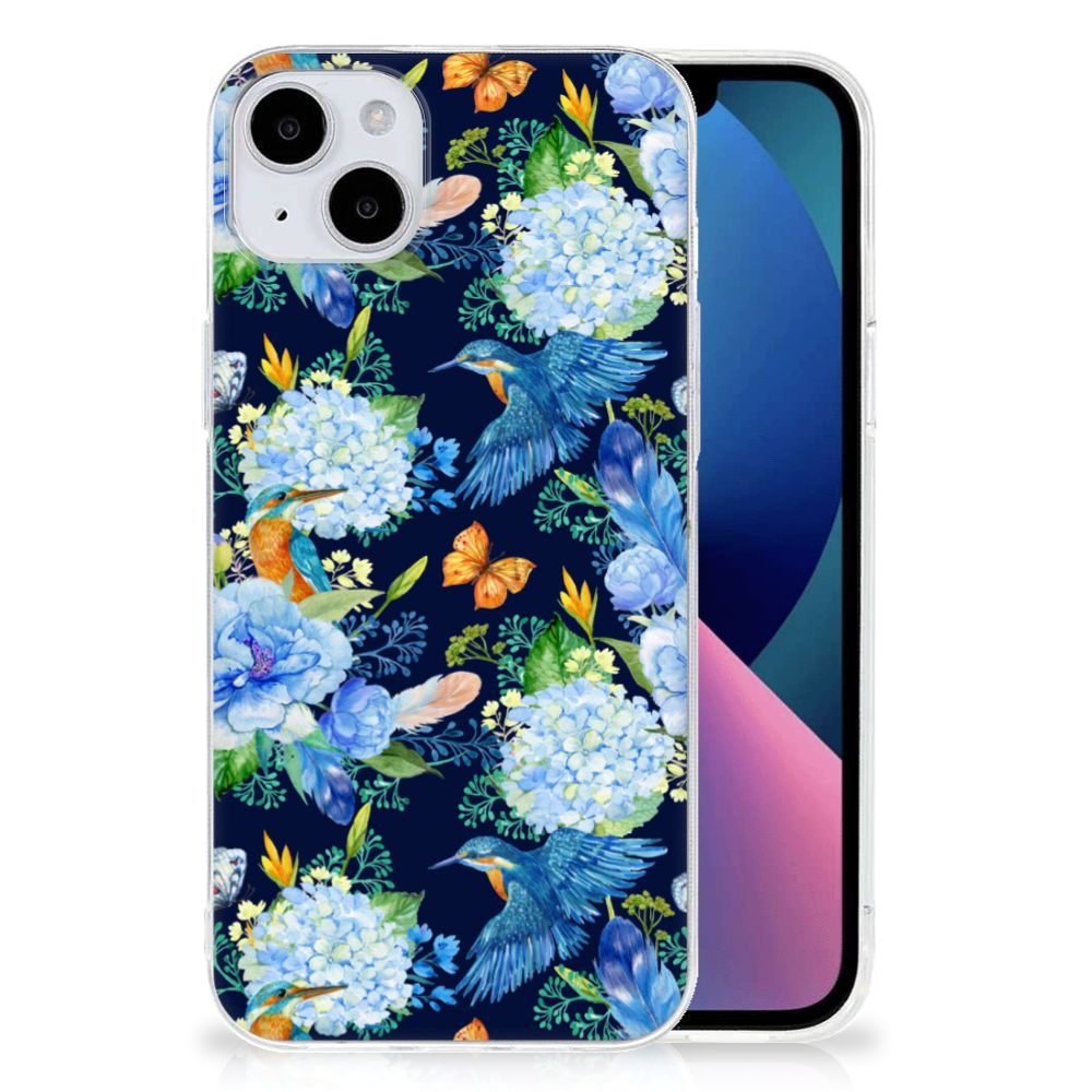 TPU Hoesje voor iPhone 15 Plus IJsvogel met bloemen en vlinders op een navy achtergrond 🌼🦋