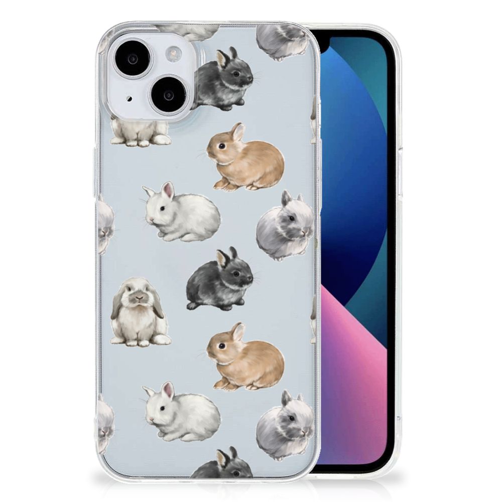TPU Hoesje voor iPhone 15 Plus Konijntjes met schattige konijnen op een lichte achtergrond.