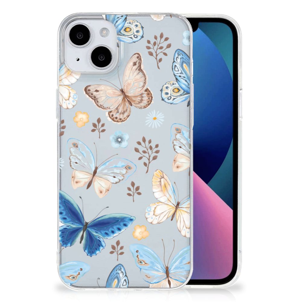 TPU Hoesje voor iPhone 15 Plus Vlinder met kleurrijke vlinders op een lichtgrijze achtergrond đĻ