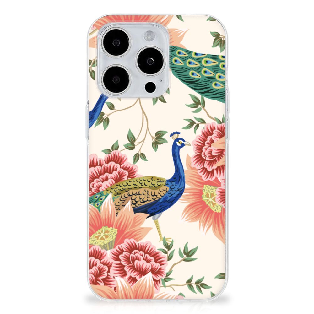 TPU Hoesje voor iPhone 15 Pro Max Pink Peacock met bloemen en pauwen đĻ