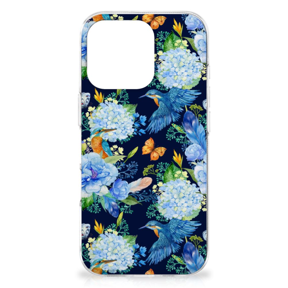 TPU Hoesje voor iPhone 16 Pro IJsvogel bloemen vlinders vooraanzicht