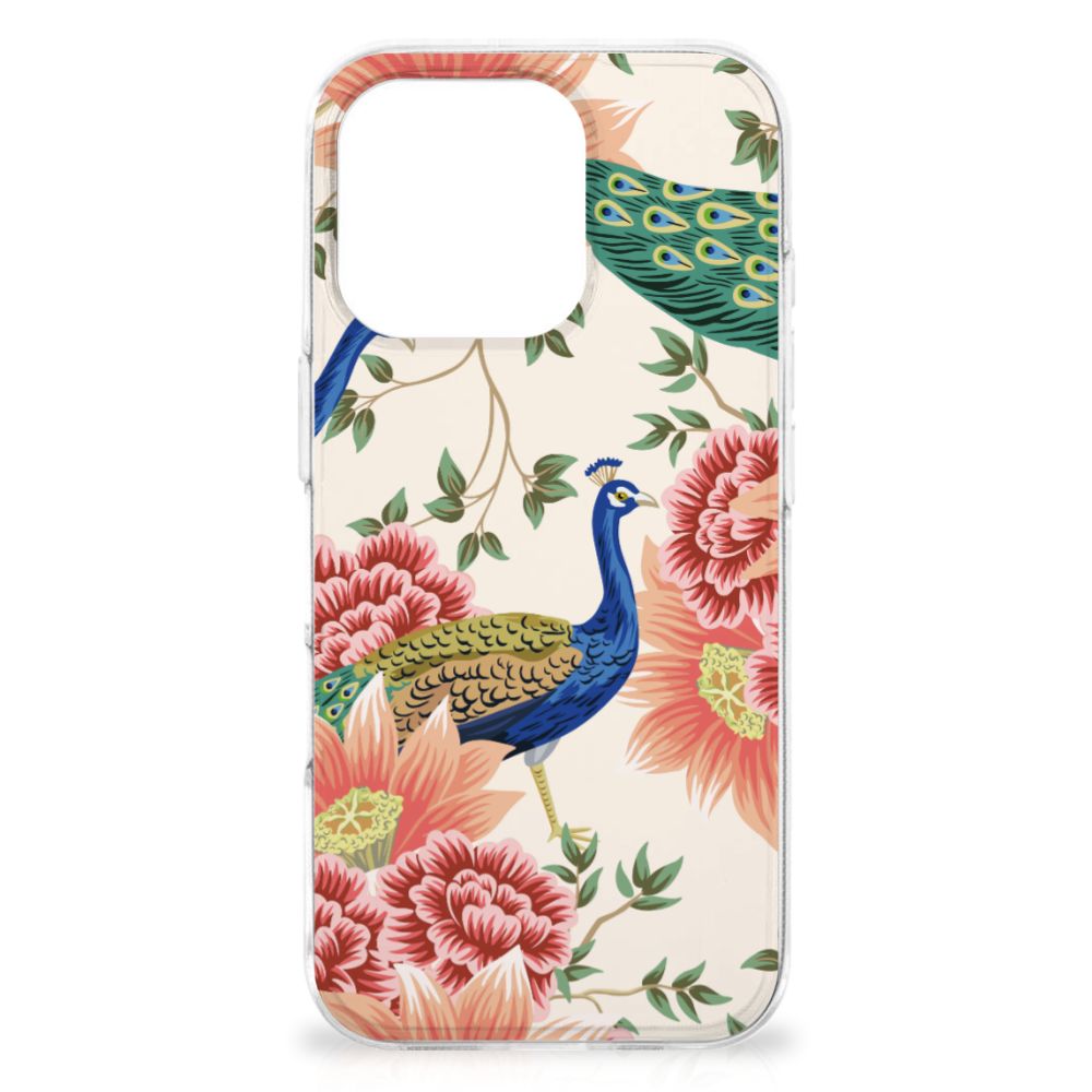 TPU Hoesje voor iPhone 16 Pro Max Pink Peacock achterkant pauwen bloemen ontwerp