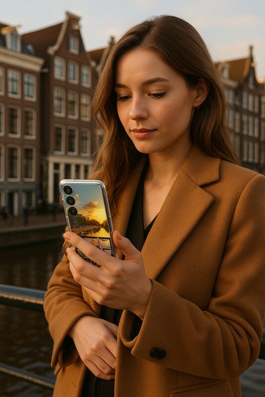 TPU Telefoonhoesje Samsung Galaxy A17 Amsterdamse Grachten vrouw met telefoon in Amsterdam