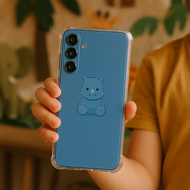 TPU Telefoonhoesje Samsung Galaxy A17 Baby Rhino schokabsorberende backcover vastgehouden door een kind