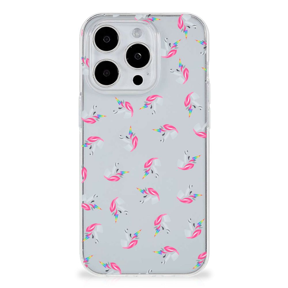 TPU bumper voor iPhone 15 Pro Max Unicorns met schattige eenhoorns 🦄 op een doorzichtige achtergrond.
