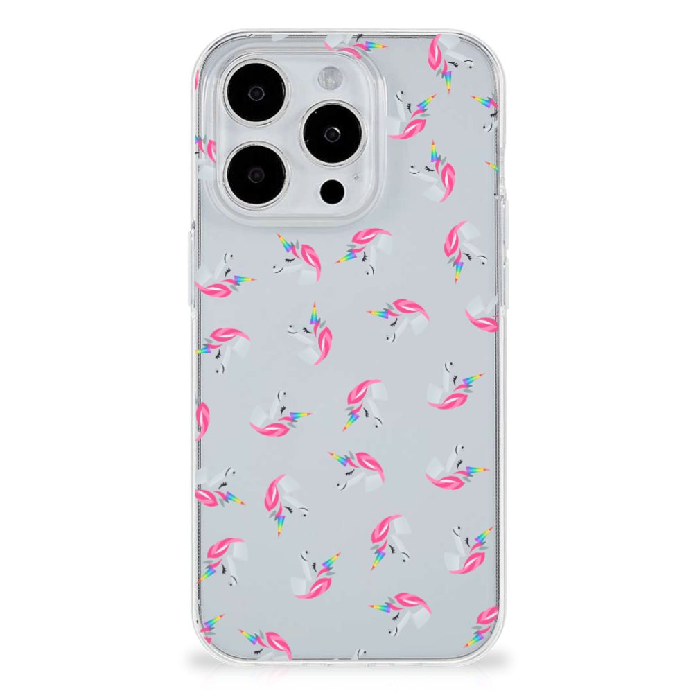 TPU bumper voor iPhone 15 Pro Unicorns met schattige eenhoorns đĻ op een doorzichtige achterkant.