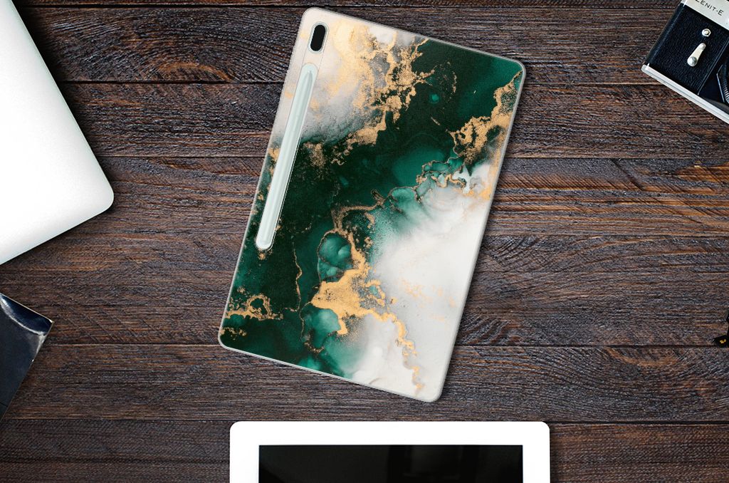Samsung Galaxy Tab S7FE Tablet Back Cover Marmer Groen Aanzicht