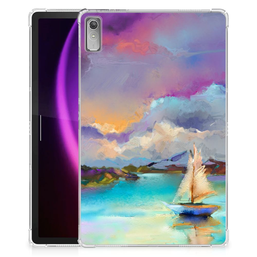 Tablethoes Lenovo Tab P11 Gen 2 Boat abstract schilderij boot meer blauw paars