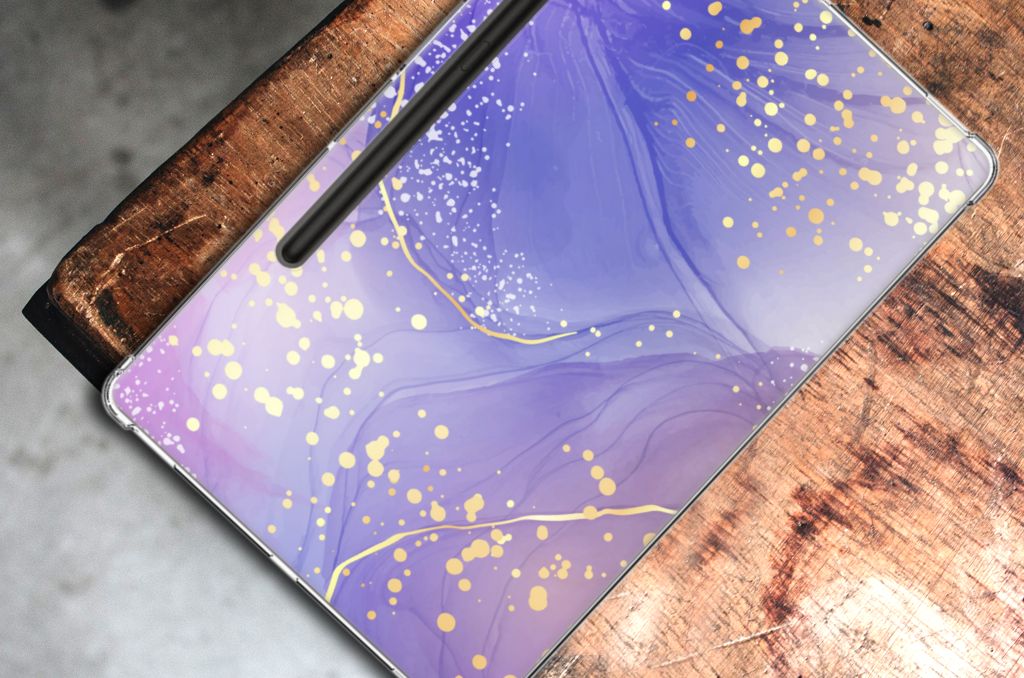Tablethoes voor Samsung Galaxy Tab S9 Plus Watercolor Paars met gouden spatten, elegant en gebruiksvriendelijk.