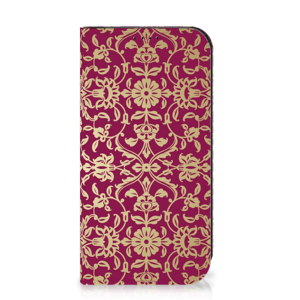 Telefoon Hoesje iPhone 15 Pro Barok Pink met een elegant barokpatroon in goud op een roze achtergrond.