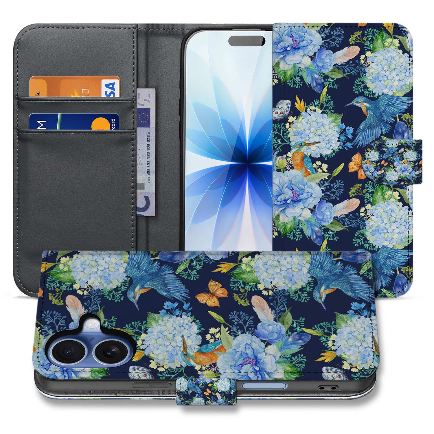Telefoonhoesje Met Pasjes Apple iPhone 17 Ijsvogel PU Leer boekhoesje ijsvogel bloemen donkerblauw