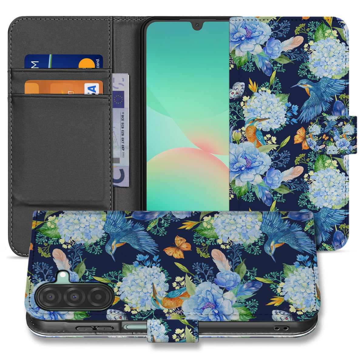 Samsung Galaxy A17 Telefoonhoesje Met Pasjes Ijsvogel PU Leer voorkant binnen