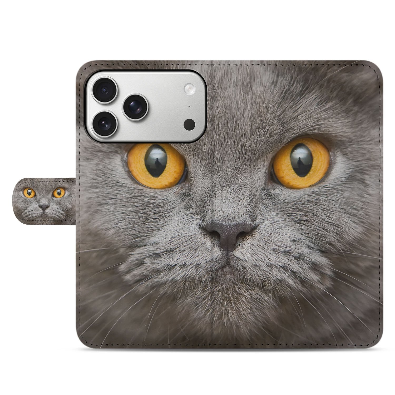 Telefoonhoesje Pasjes Apple iPhone 17 Pro Max Britse Korthaar Magnetisch kat detail voorzijde