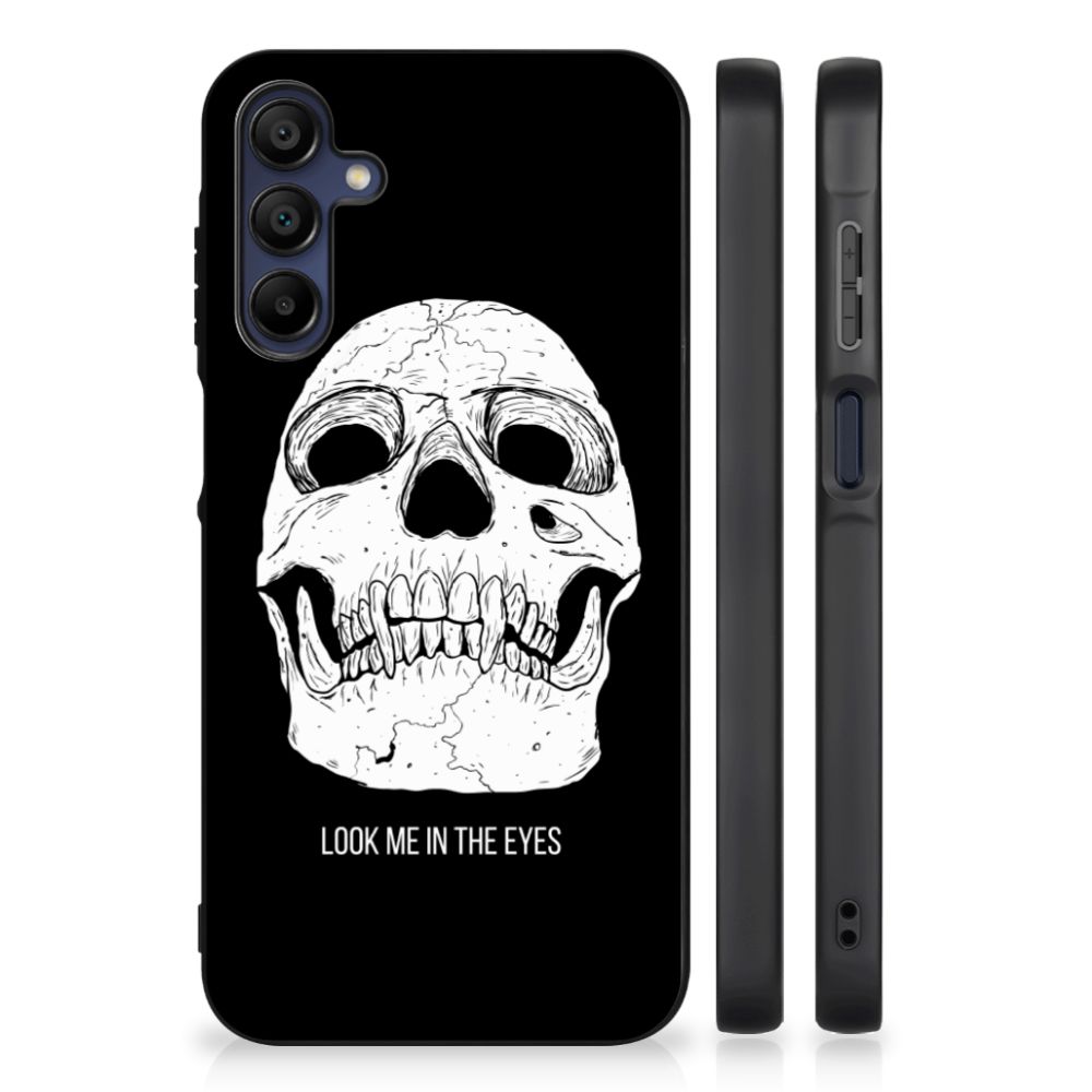 Telefoonhoesje Samsung Galaxy A15 Skull Eyes met gedetailleerde skull print en teksten op zwarte achtergrond.