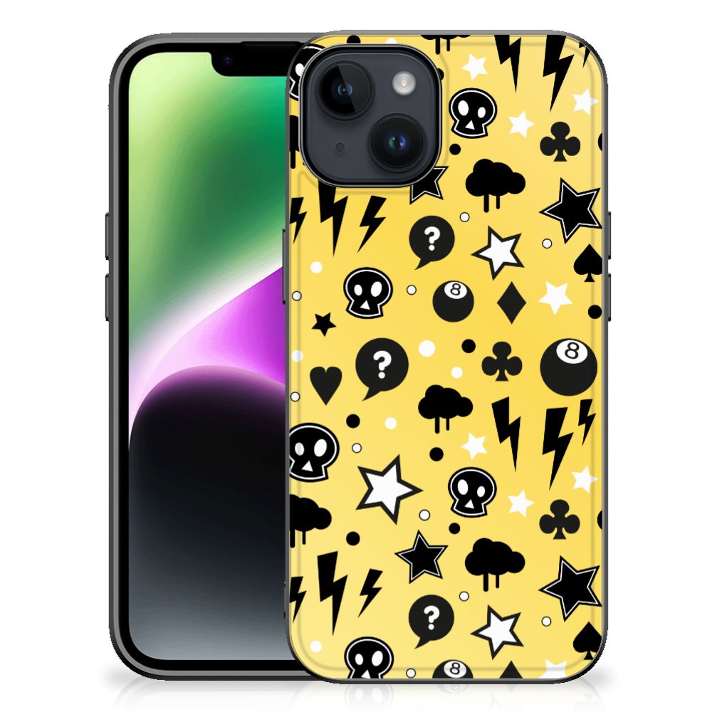 Apple iPhone 15 Telefoonhoesje iPhone 15 Punk Geel skulls print achterkant