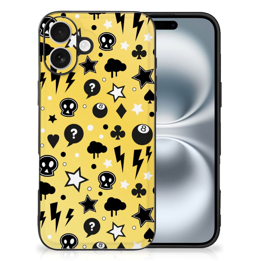 Apple iPhone 16 Telefoonhoesje iPhone 16 Punk Geel skulls print achterzijde