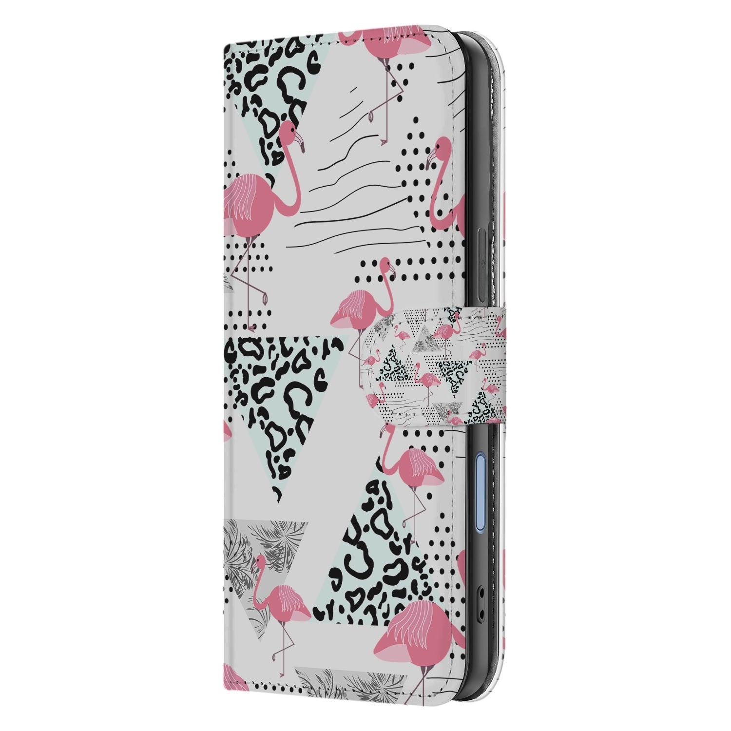 Telefoonhoesje iPhone 17 Flamingo Triangle Pasjes Flamingo Triangle book case zijaanzicht
