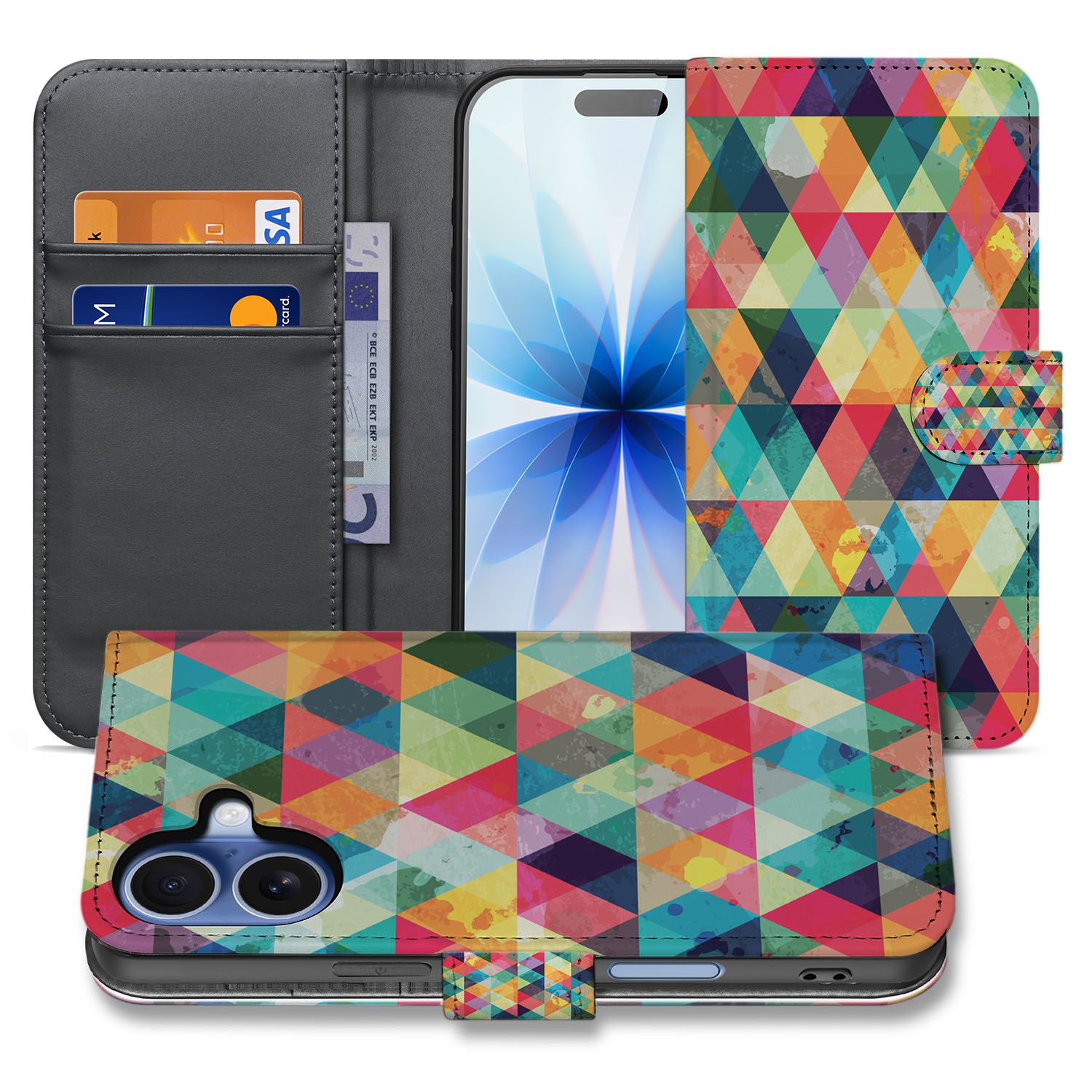Telefoonhoesje iPhone 17 Geruit Met 3 Pasjes Houder designnaam gekleurde driehoeken aanzicht