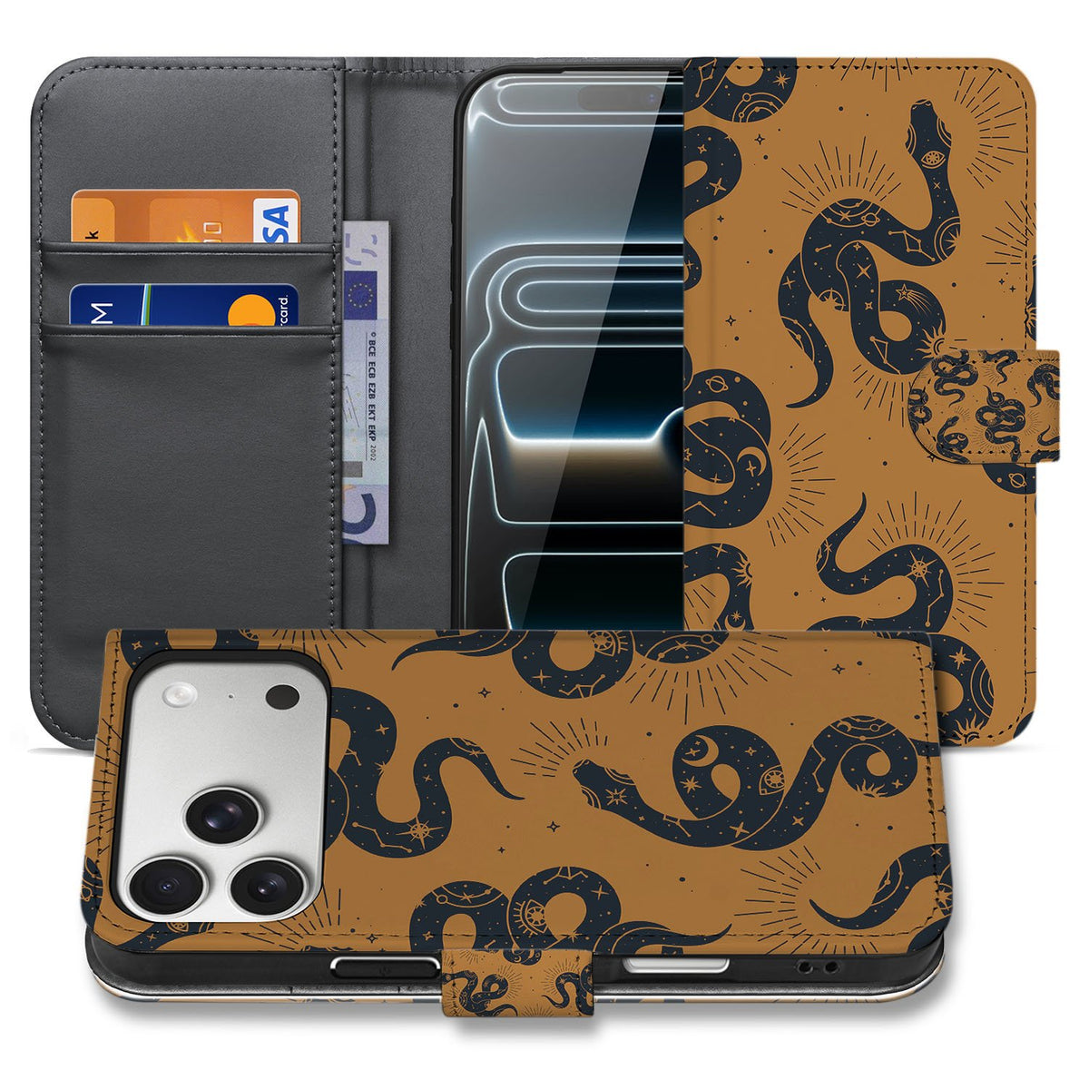 Telefoonhoesje iPhone 17 Pro Max Slangenontwerp Met Pasjes slangen ontwerp book case bruin zwart
