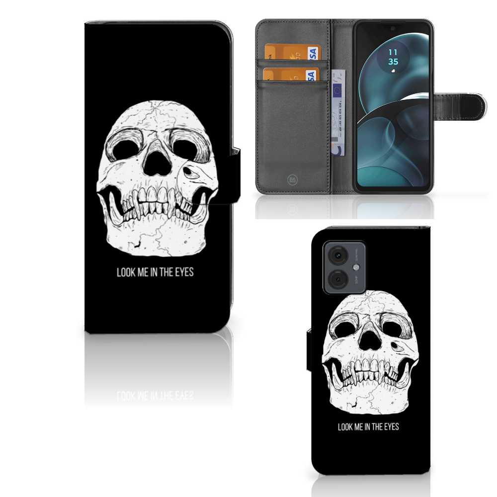 Motorola Moto G14 Telefoonhoesje met Naam Skull Eyes voor en achteraanzicht