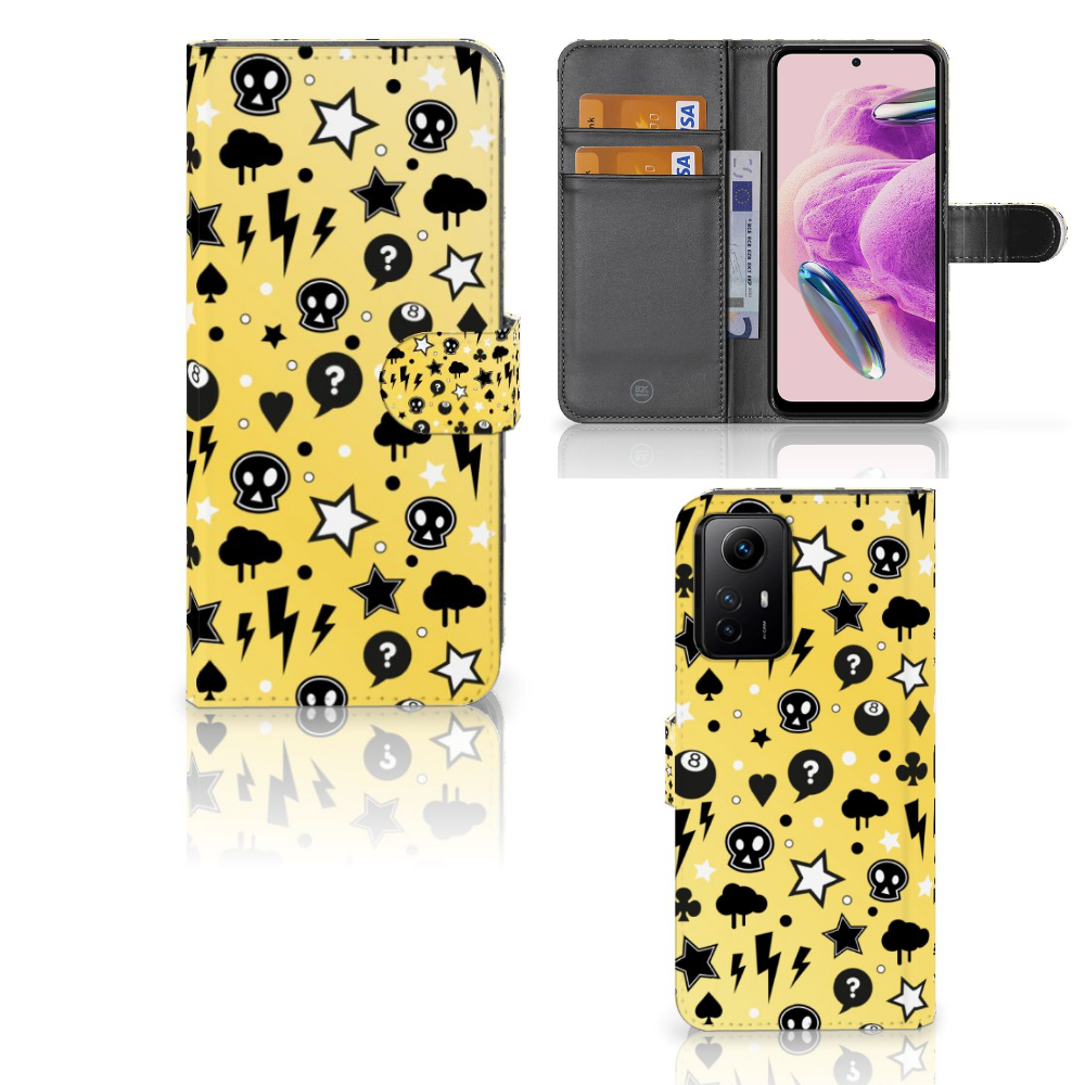 Telefoonhoesje met Naam Xiaomi Redmi Note 12S Punk Geel met unieke punkstijl en ruimte voor pasjes. 🎨