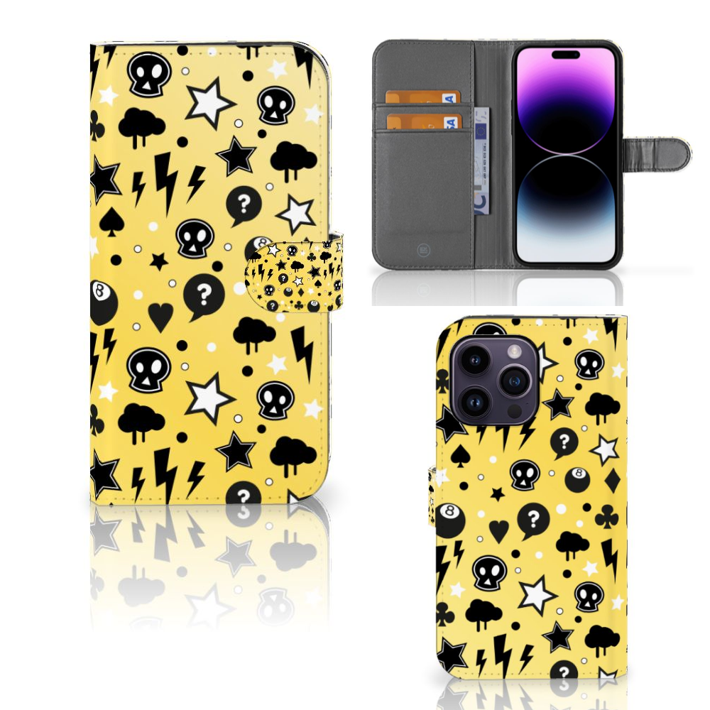 Telefoonhoesje met Naam iPhone 15 Pro Max Punk Geel met skull en sterren design â ī¸đ