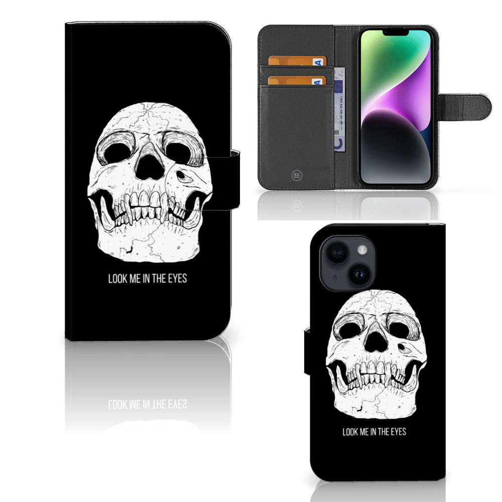 Telefoonhoesje met Naam iPhone 15 Skull Eyes - uniek design met schedel, ruimte voor pasjes en briefgeld.