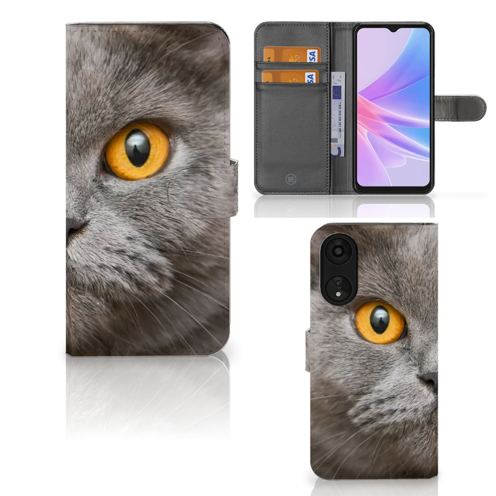 Telefoonhoesje met Pasjes OPPO A78 5G | A58 5G Britse Korthaar met afbeelding van kat met gele ogen