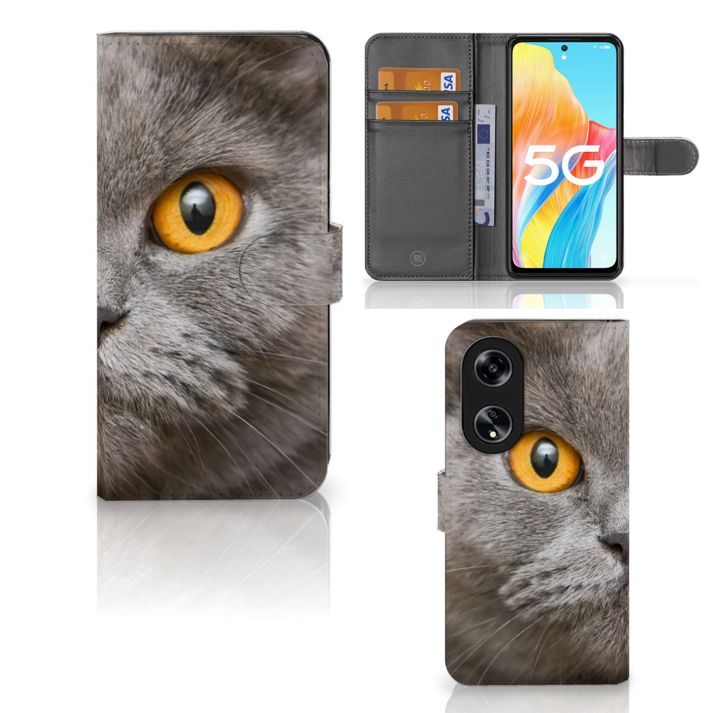 Telefoonhoesje met Pasjes OPPO Reno8 T 5G Britse Korthaar met opvallend kattenoog ontwerp.
