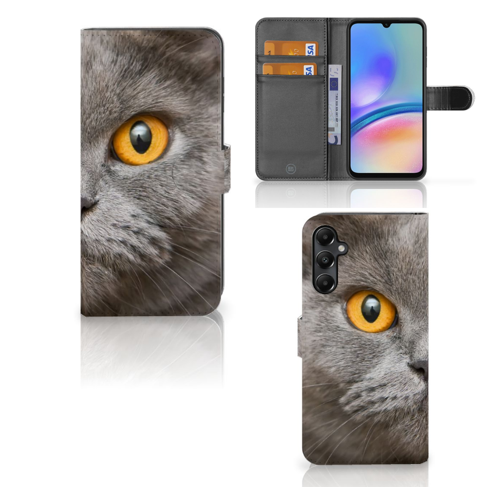 Telefoonhoesje met Pasjes Samsung Galaxy A05s Britse Korthaar, met indrukwekkende afbeelding van een Britse korthaar kat.
