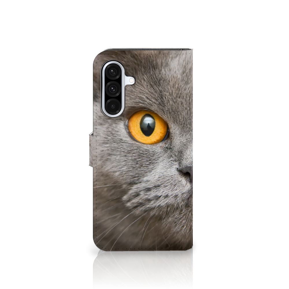 Telefoonhoesje met Pasjes Samsung Galaxy A36 Britse Korthaar designnaam kat aanzicht