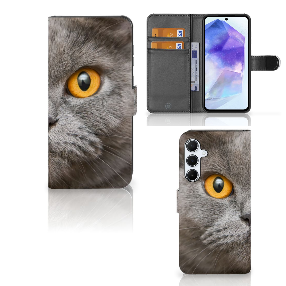 Telefoonhoesje met Pasjes Samsung Galaxy A55 Britse Korthaar met intense blik en pasjeshouder.