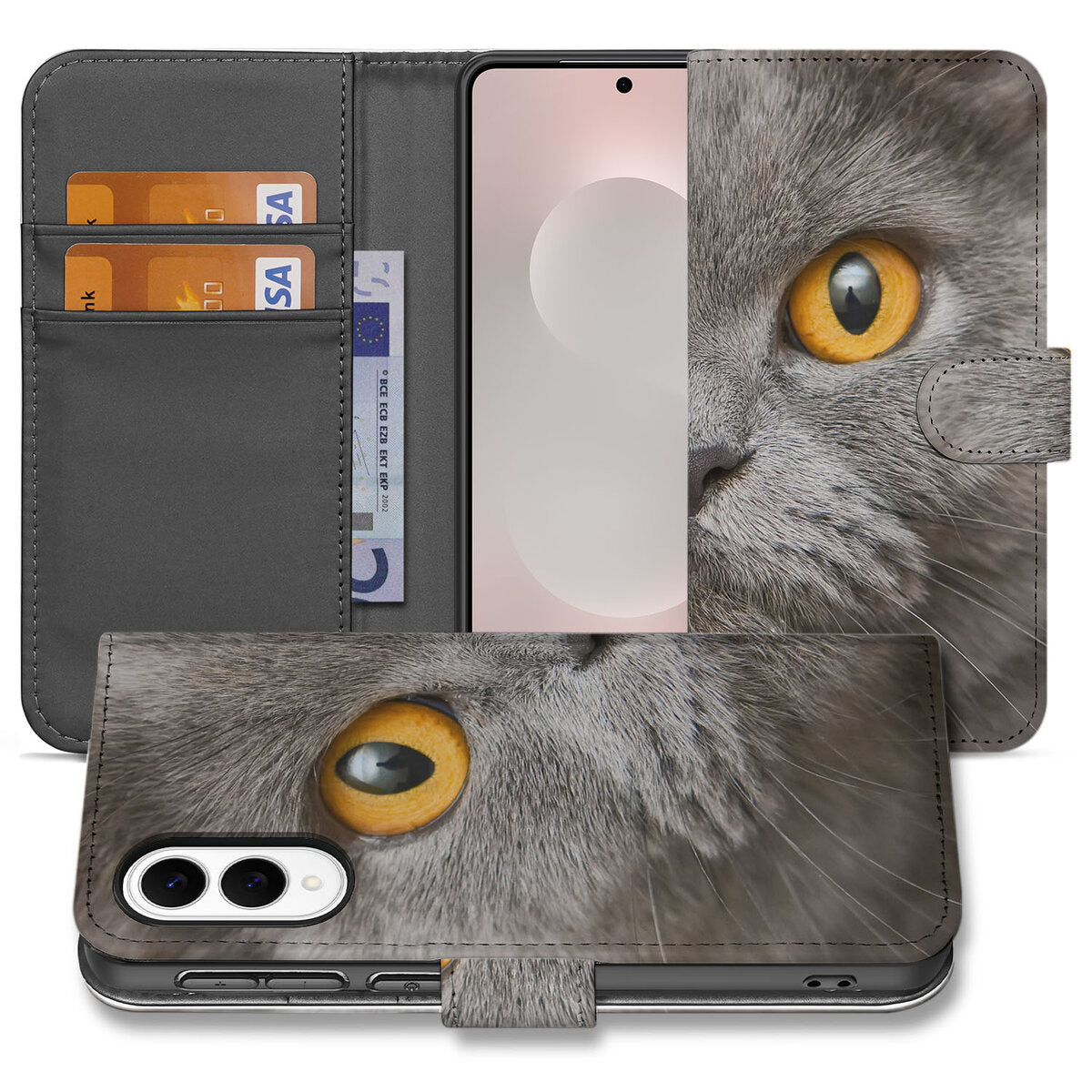 Samsung Galaxy S25 Edge Telefoonhoesje met Pasjes Britse Korthaar kat close-up ontwerp