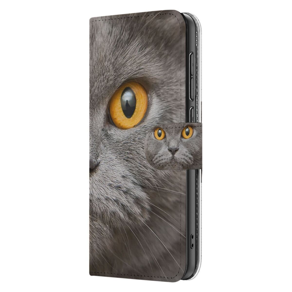 Samsung Galaxy S25 Edge Telefoonhoesje met Pasjes Britse Korthaar grijs kattenoog aanzicht