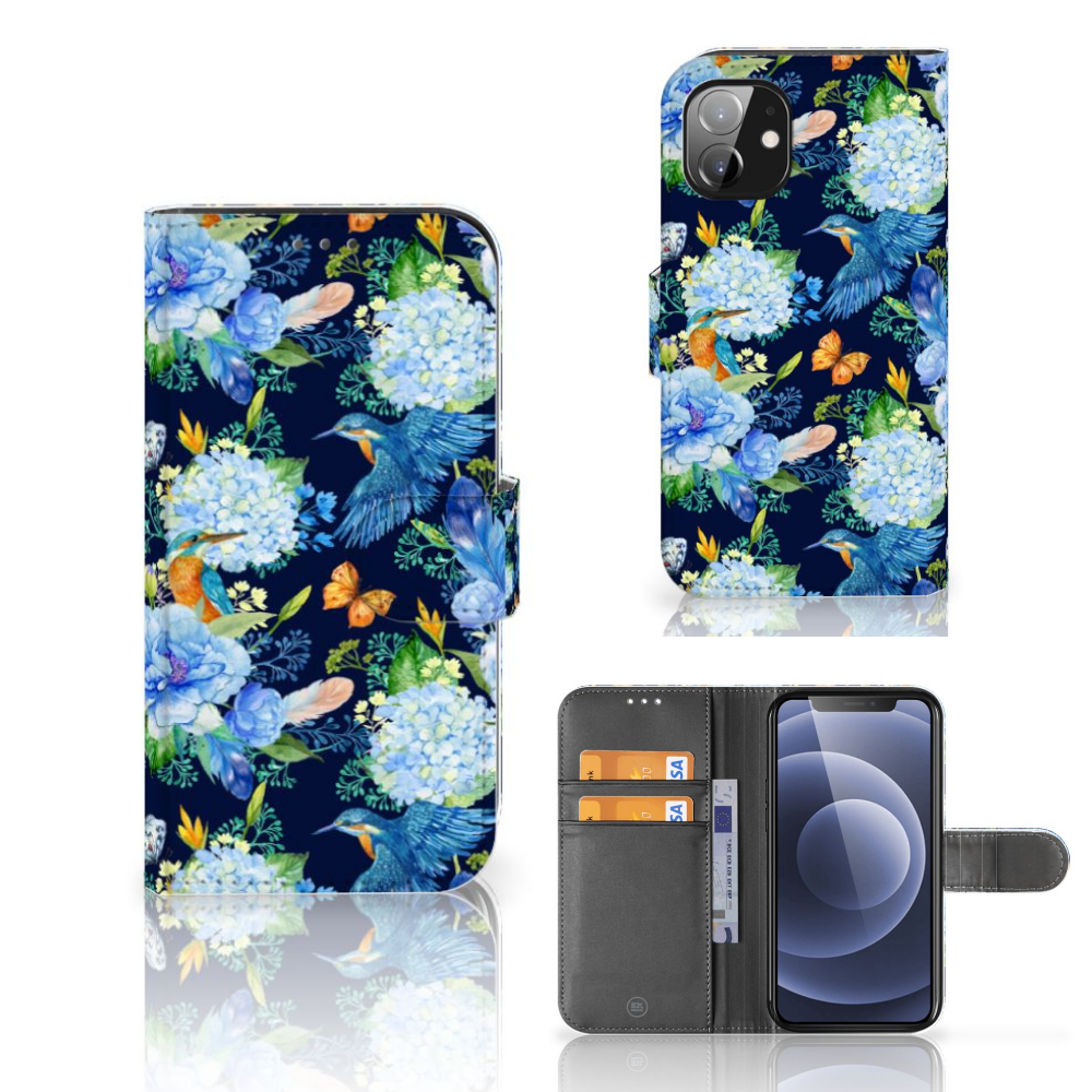 Telefoonhoesje met Pasjes voor Apple iPhone 12 Mini IJsvogel met bloemen en vlinders 🌸