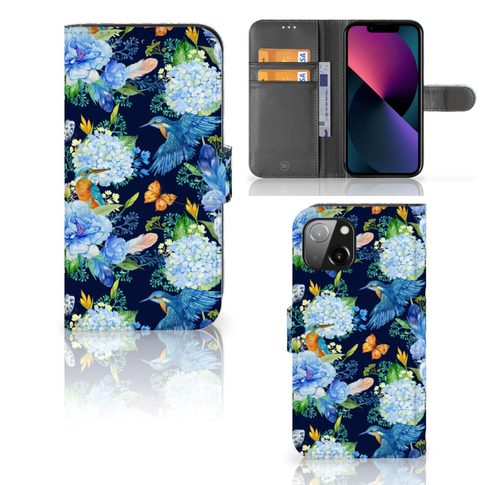 Telefoonhoesje met Pasjes voor Apple iPhone 13 IJsvogel met kleurrijk bloemenpatroon en ruimte voor pasjes.