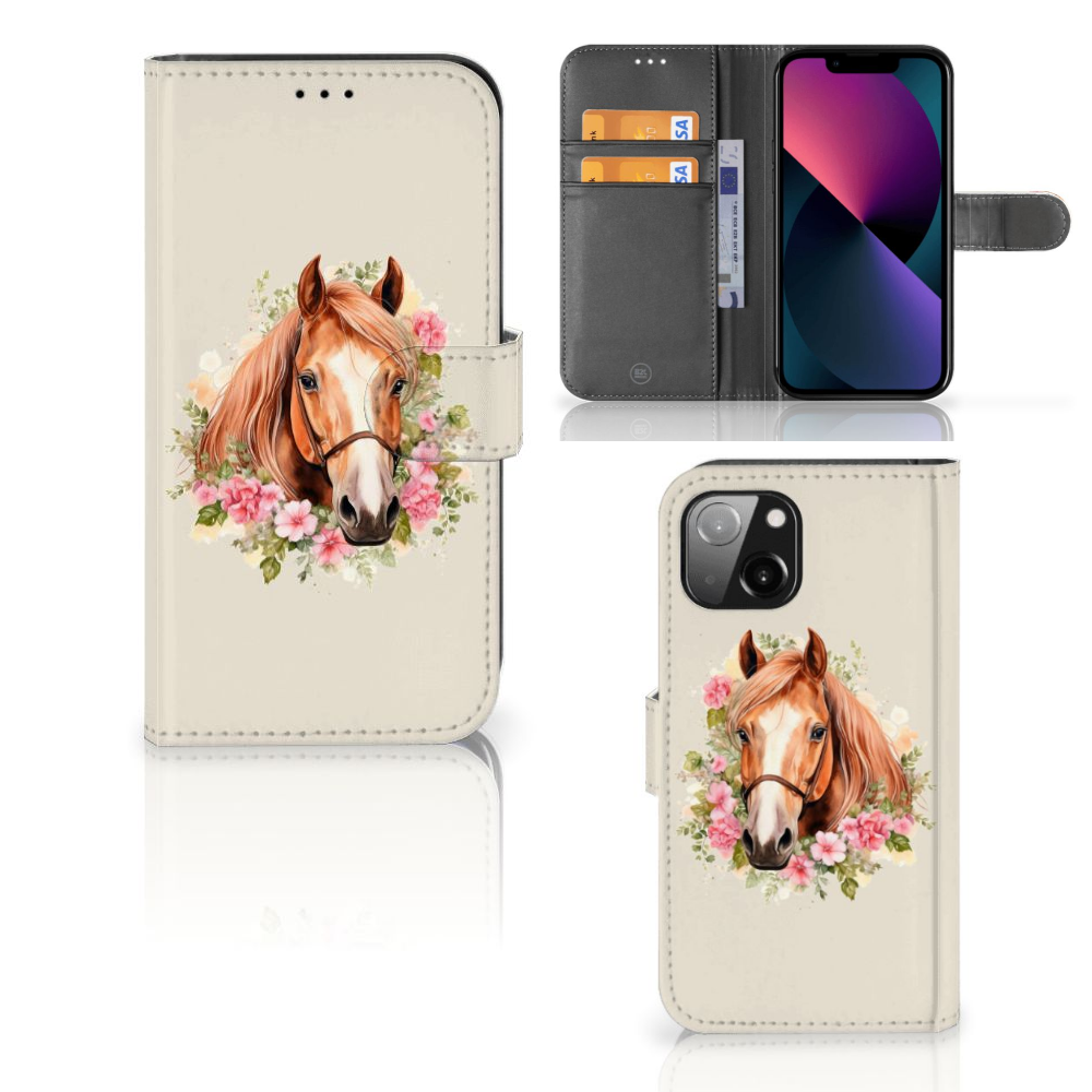Telefoonhoesje met Pasjes voor Apple iPhone 13 Paard met bloemen en paardensnuit, perfect voor dierenliefhebbers.