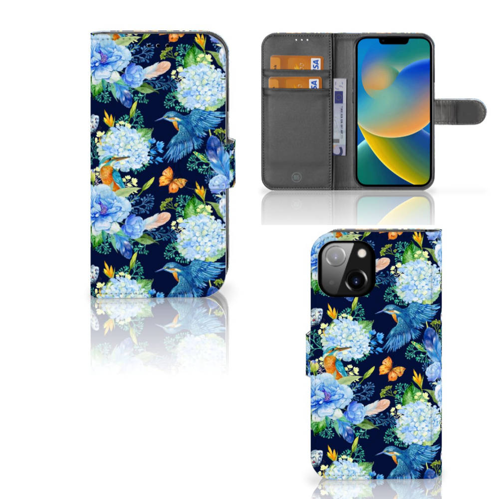 Telefoonhoesje met Pasjes voor Apple iPhone 14 IJsvogel met bloemen en vlinders design 🌼🦋