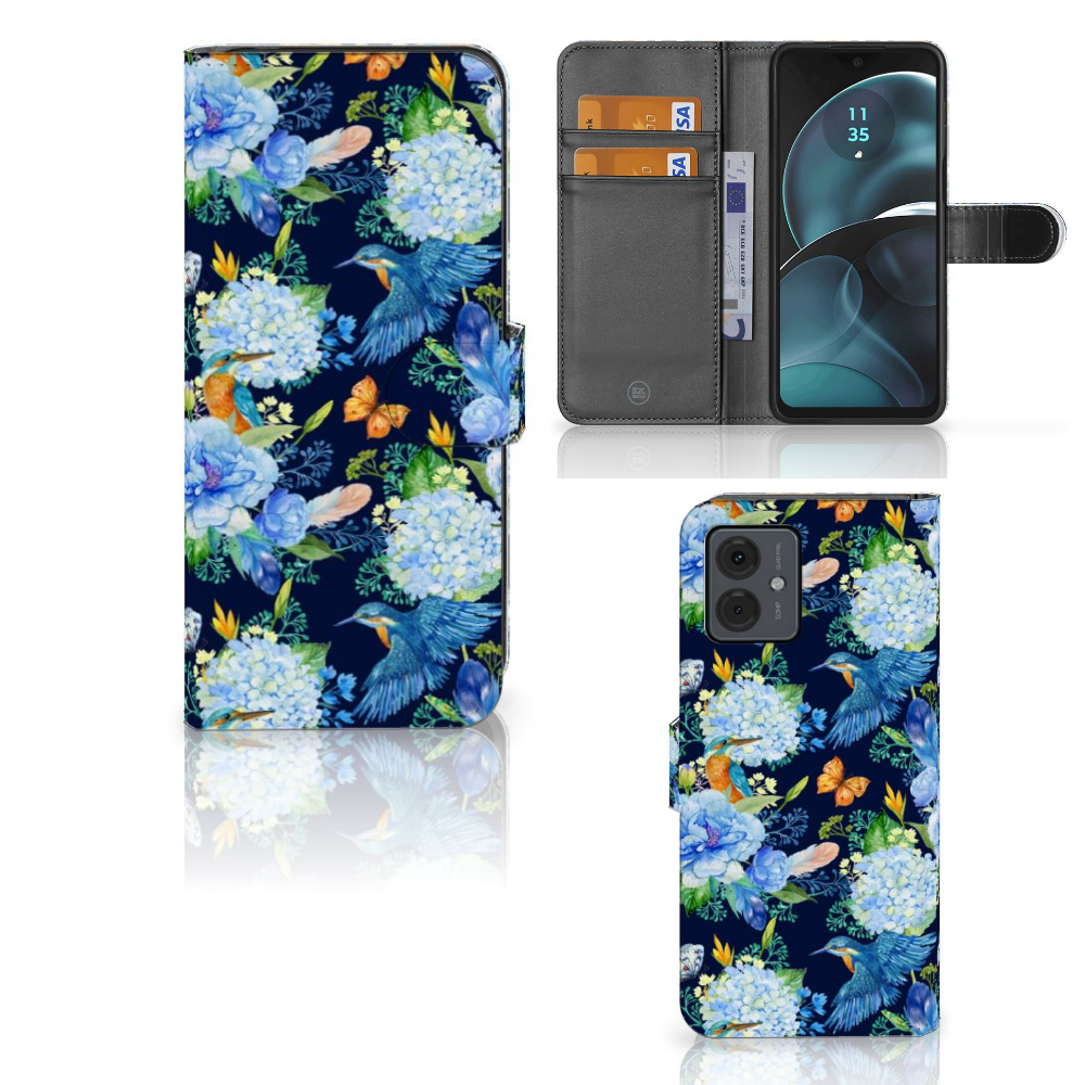 Motorola Moto G14 Telefoonhoesje met Pasjes IJsvogel design voorzijde en achterzijde