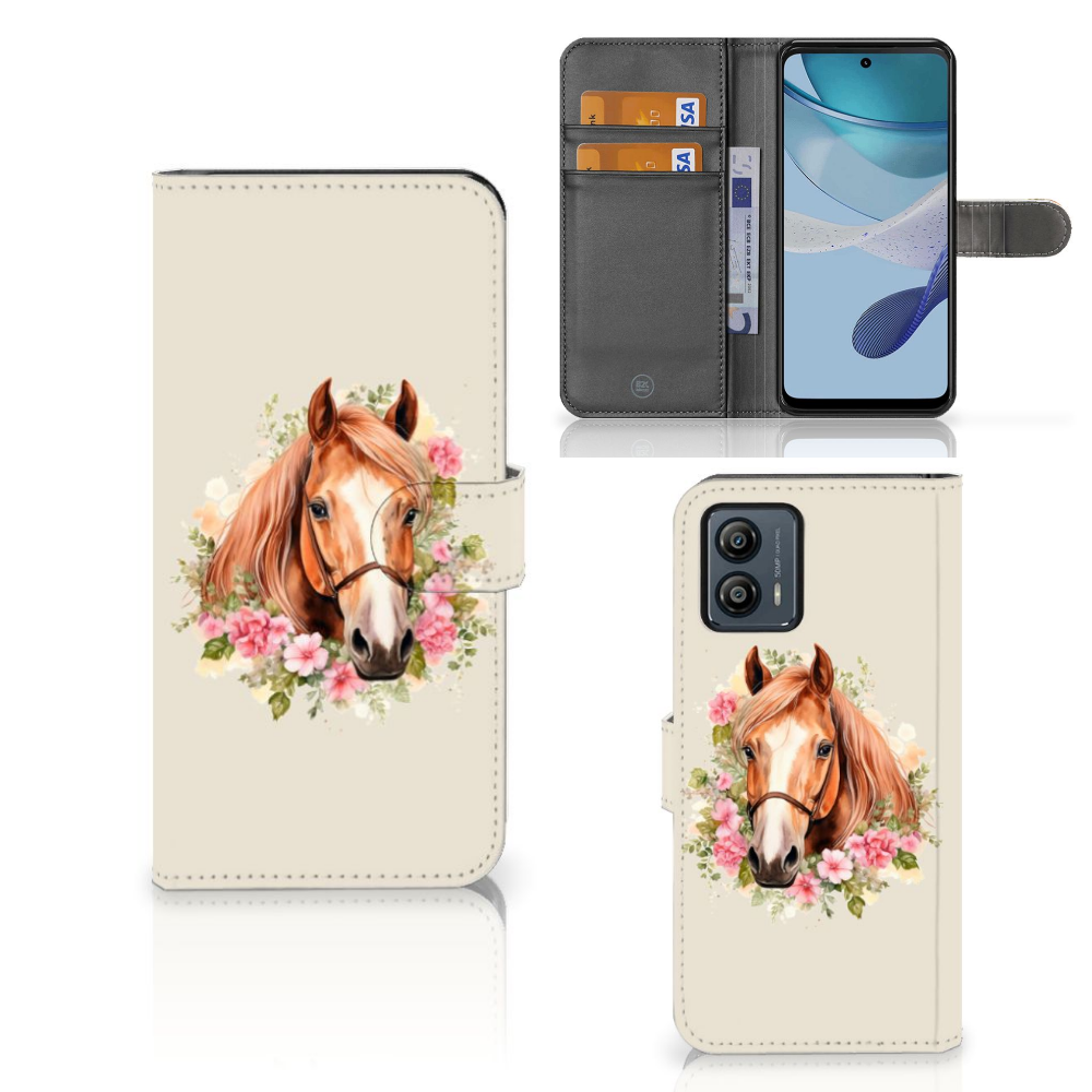 Telefoonhoesje met Pasjes voor Motorola Moto G53 Paard met bloemen design voor bescherming en gebruiksgemak đˇ.