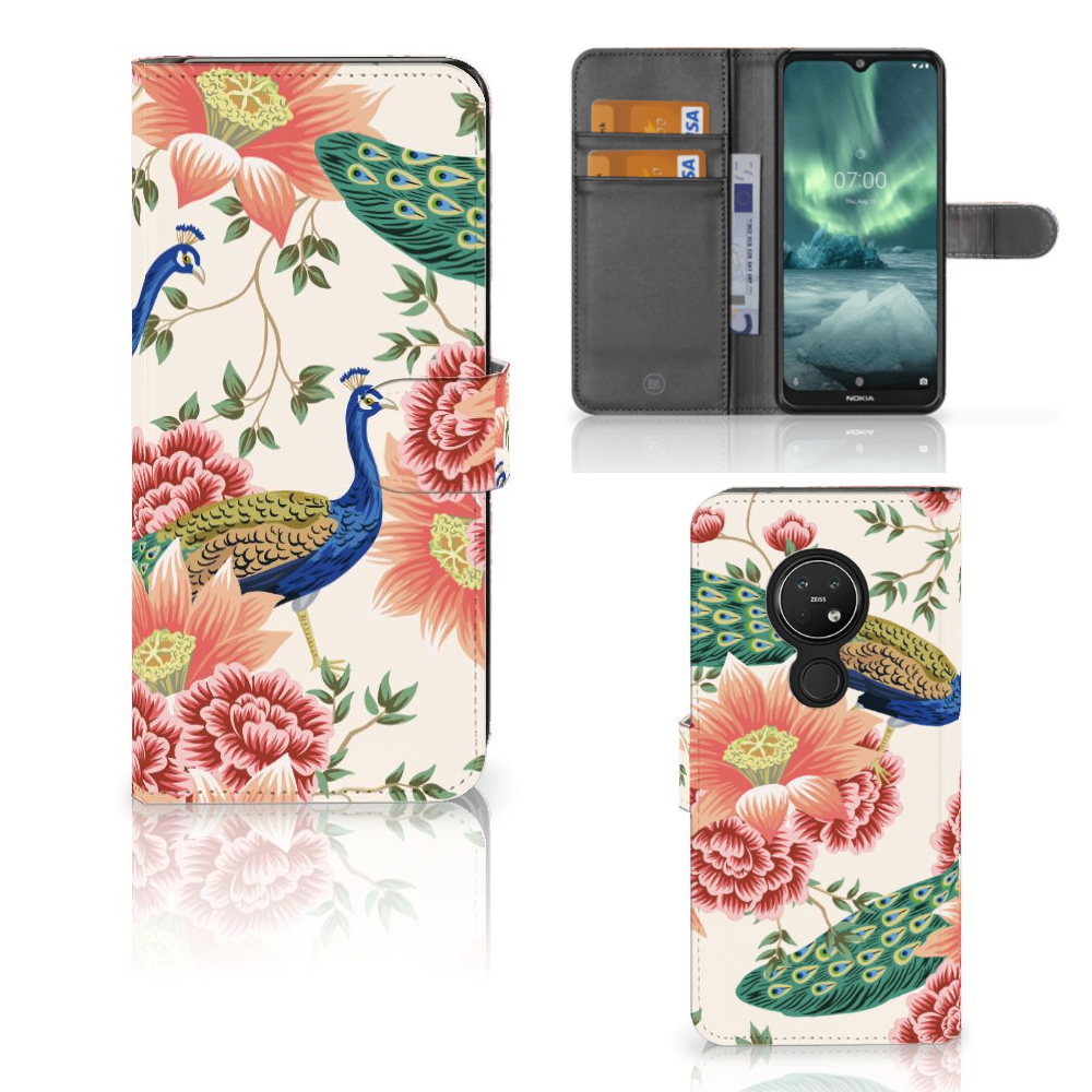 Nokia 7.2 Nokia 6.2 Telefoonhoesje met Pasjes Pink Peacock voorkant binnenkant zijkant