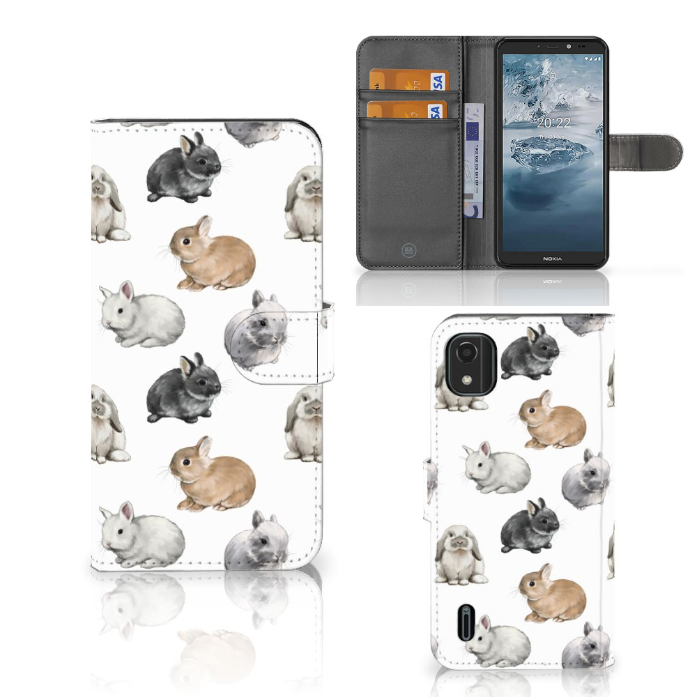 Nokia C2 2nd Edition Telefoonhoesje met Pasjes Konijntjes voorkant achterkant zijkant
