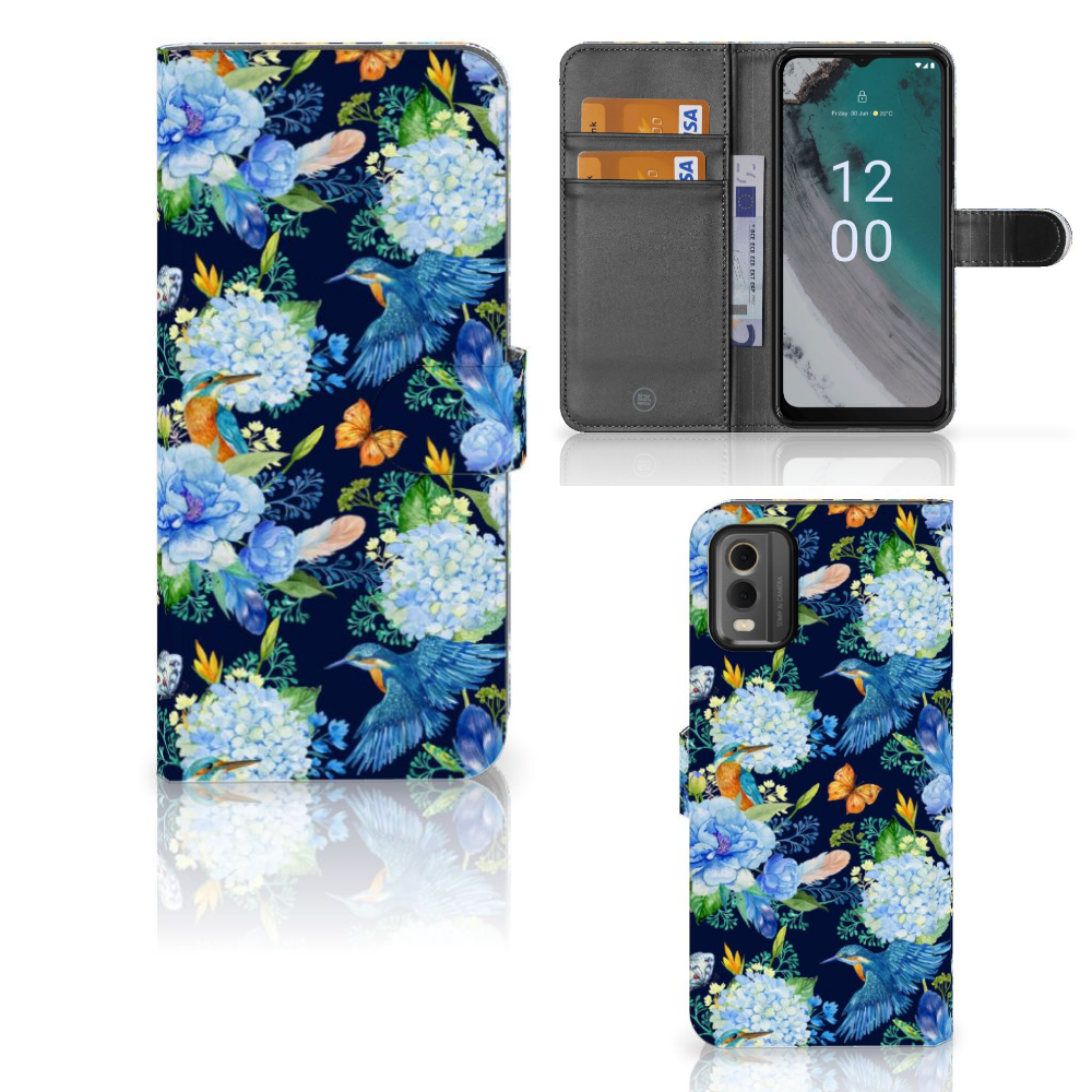 Telefoonhoesje met Pasjes voor Nokia C32 IJsvogel bloemen design voorzijde