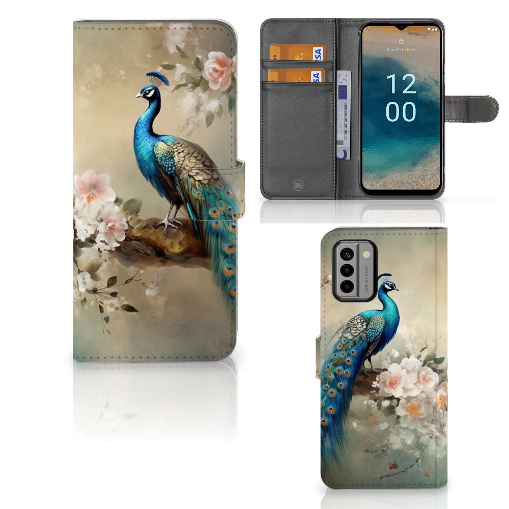 Nokia G22 Telefoonhoesje met Pasjes Vintage Pauwen vooraanzicht zijaanzicht binnenkant