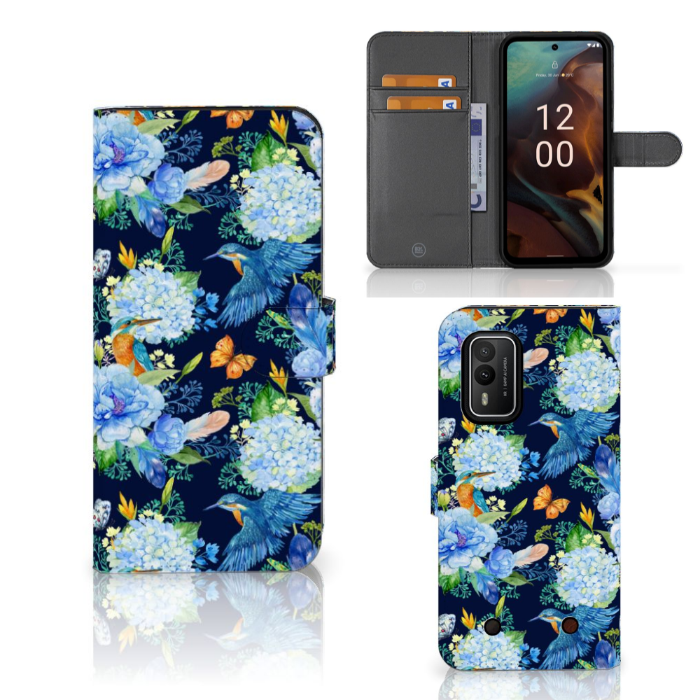Telefoonhoesje met Pasjes voor Nokia XR21 IJsvogel bloemen design aanzicht