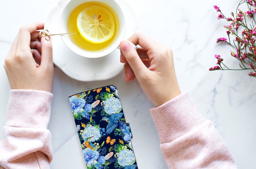 Telefoonhoesje met Pasjes voor Nokia XR21 IJsvogel mobiel design bloemen aanzicht