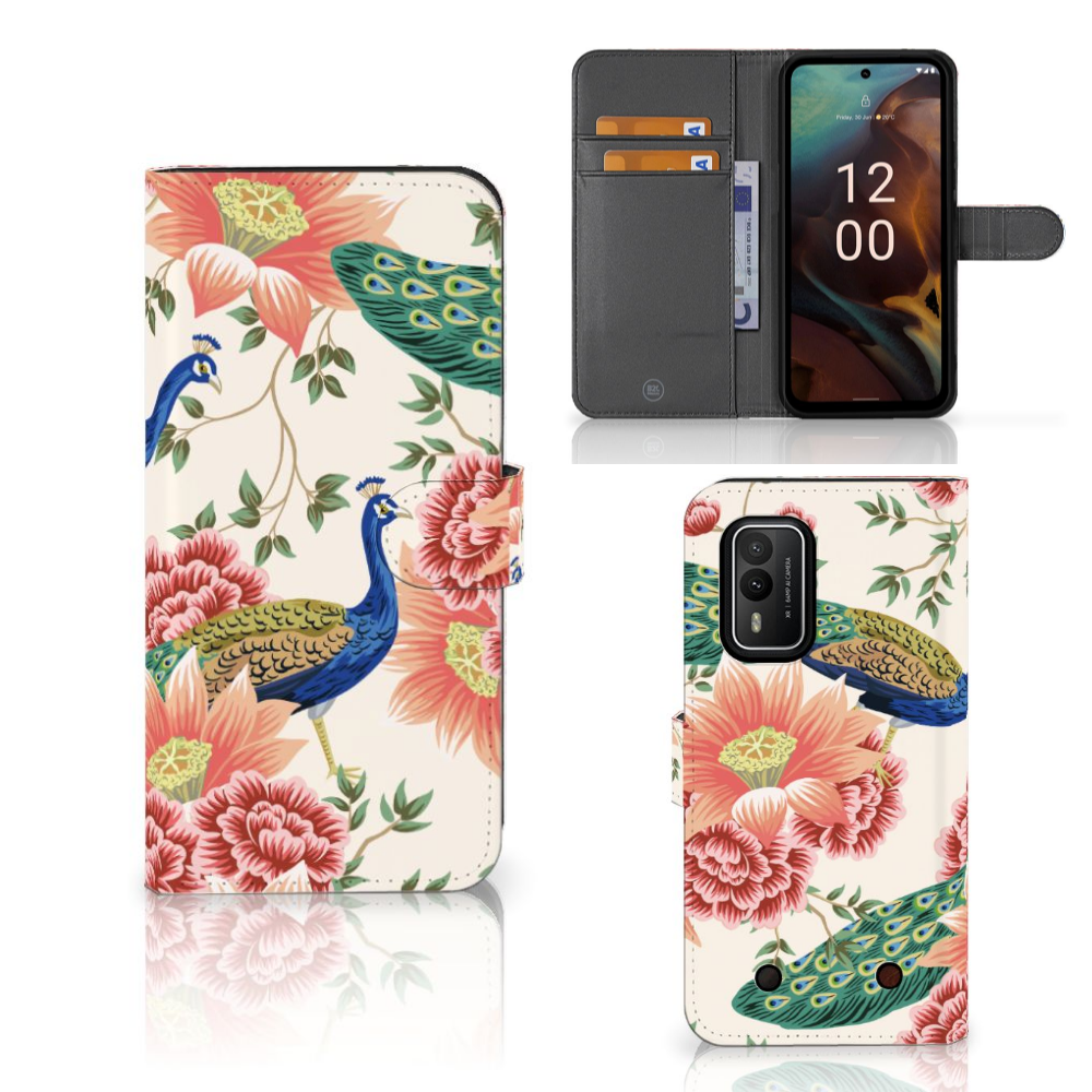 Nokia XR21 Telefoonhoesje met Pasjes Pink Peacock voorzijde binnenzijde aanzicht