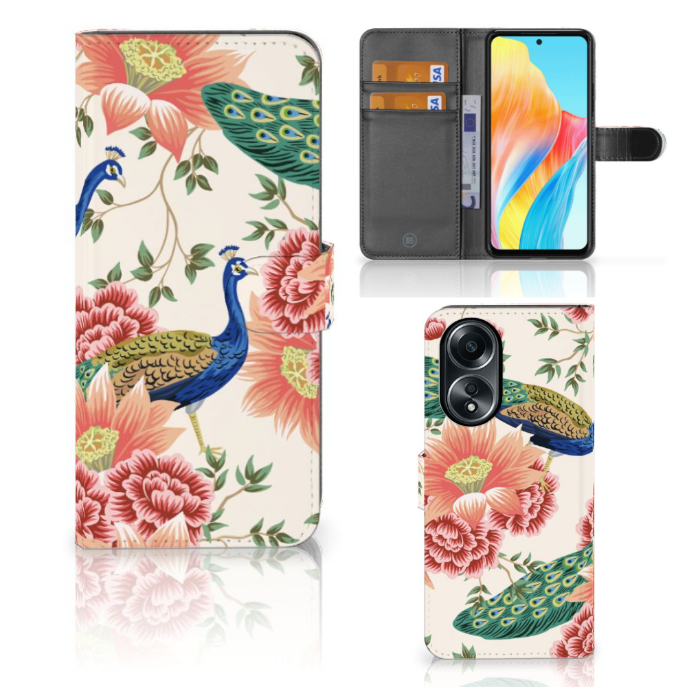 Telefoonhoesje met Pasjes voor OPPO A58 4G Pink Peacock design pauw bloemen aanzicht